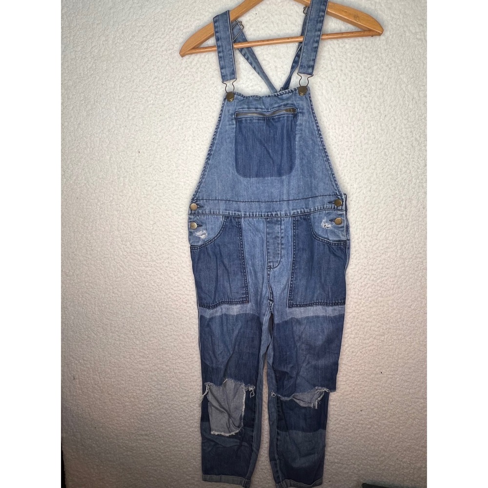 Billabong Blue Patchwork Distressed Denim Overalls Womens Zipper Bib Pocket S/M